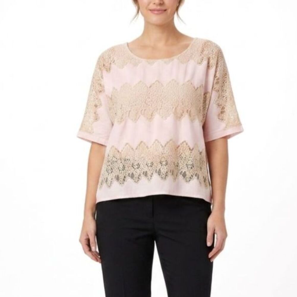 Democracy Women's Peach-Pink Lace Panel Scoop Neck Elbow Sleeve Top Size L